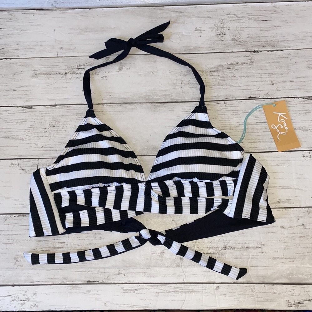 Kona Sol Bikini Top Womens Small Black White Stripe Halter Tie Textured Target S